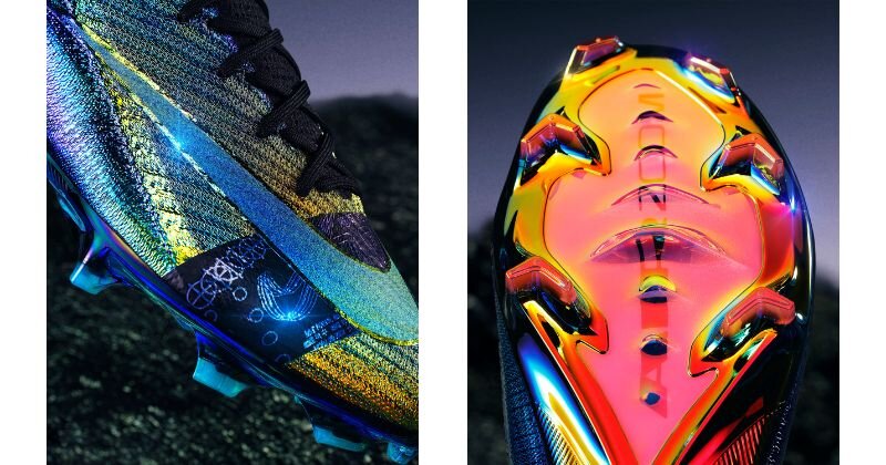 Nike Cosmic Speed boot details, showing metallic sole and upper surface details